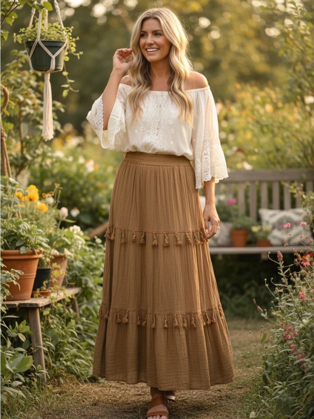 NWT Rhea Boho Tassel Tiered Maxi Skirt